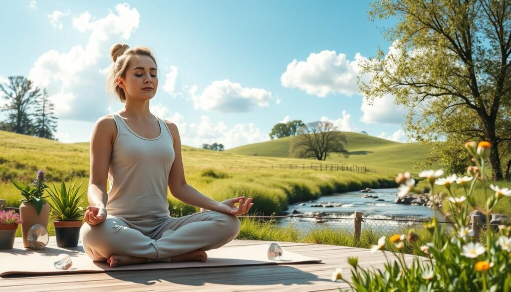 A serene and peaceful scene illustrating natural approaches to managing anxiety. In the foreground, a person practicing mindfulness on a yoga mat, wearing comfortable, casual clothing, with their eyes closed and a calm expression, surrounded by calming elements like potted plants and crystals. In the middle ground, a soft, flowing stream and gentle green hills create a tranquil atmosphere, with wildflowers blooming, symbolizing natural healing. The background features a blue sky with fluffy white clouds, sunlight filtering through the trees, casting soft shadows. The image should evoke a sense of calmness and connection with nature, captured with a warm, soft-focused lens, emphasizing a harmonious and soothing mood.