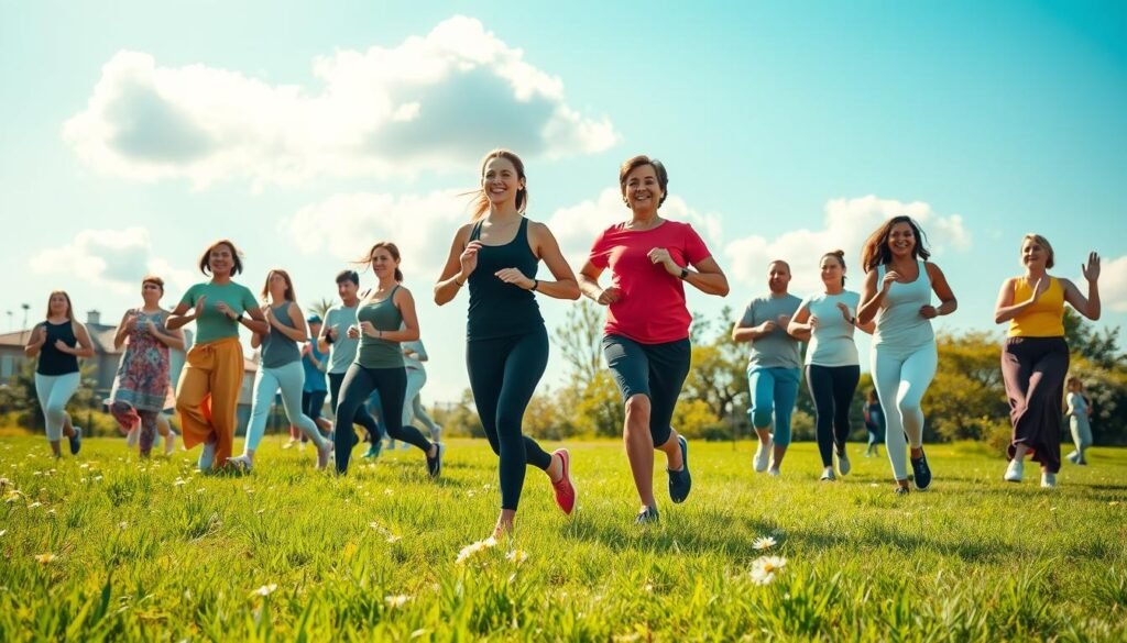 A serene outdoor scene depicting different types of exercise promoting mental health. In the foreground, a diverse group of people in modest athletic wear engage in activities like yoga, jogging, and Tai Chi, showcasing various forms of physical exercise that enhance mental well-being. In the middle ground, bright green grass and blooming flowers create an inviting atmosphere, while participants smile and exude positive energy. The background features a clear blue sky with soft, fluffy clouds casting gentle shadows. The lighting is warm and inviting, creating a tranquil mood. The composition captures their connection to nature, illustrating the harmony between mind and body through physical activity.