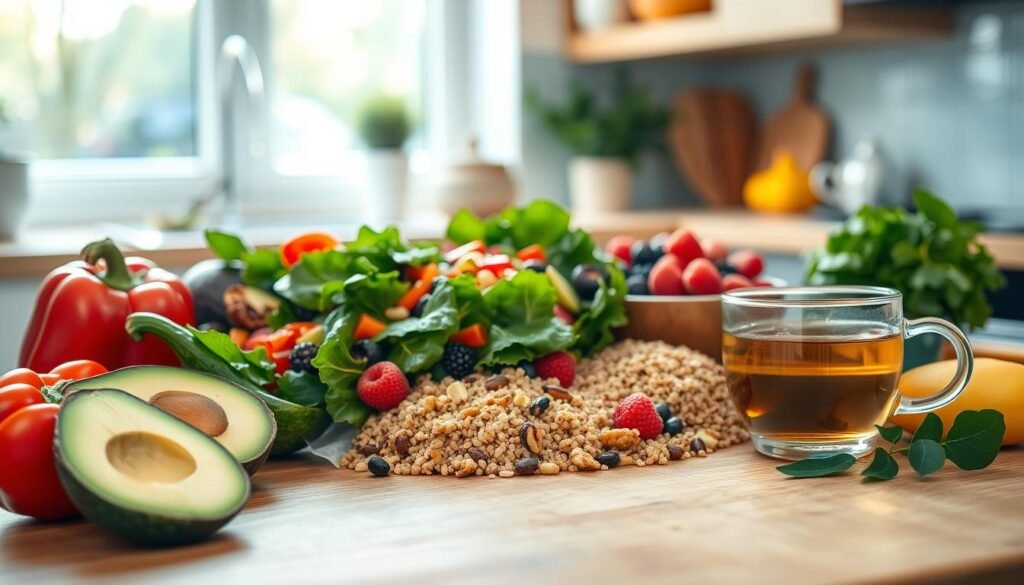 A vibrant and healthy assortment of heart-friendly foods displayed artfully on a wooden table. In the foreground, fresh avocado slices, colorful bell peppers, and a vibrant mixed salad with leafy greens and nuts. In the middle ground, a variety of whole grains like quinoa and brown rice, alongside a bowl of berries bursting with color. The background features a softly blurred kitchen setting with natural light pouring in from a window, creating a warm and inviting atmosphere. Add elements like a light steaming herbal tea on the side to enhance the calming vibe. Use a warm color palette to evoke a sense of health and vitality. The shot should be taken from a slightly elevated angle to capture the fullness of the meal, ensuring it feels inviting and nutritious.