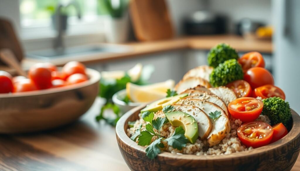 A vibrant and healthy protein bowl, elegantly presented in a rustic wooden bowl, filled with colorful ingredients. The foreground features a mix of quinoa, steamed broccoli, sliced grilled chicken, cherry tomatoes, and avocado, sprinkled with sesame seeds. In the middle ground, a neatly arranged selection of fresh herbs and a small dish of lemon wedges. The background showcases a softly blurred kitchen setting with natural light streaming in, highlighting the freshness of the ingredients. The atmosphere is inviting and nutritious, designed to emphasize wholesome eating and healthy lifestyle choices. Capture the scene from a slightly elevated angle to provide a tantalizing view of the protein bowl, evoking a sense of vitality and well-being.