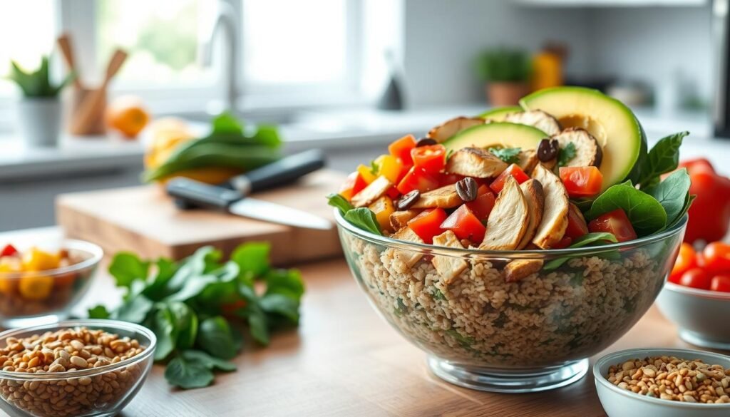 A vibrant protein bowl is displayed prominently in the foreground, filled with a colorful assortment of toppings including quinoa, fresh spinach, diced tomatoes, grilled chicken slices, and avocado. To the sides, there are small bowls of various toppings like nuts and seeds, adding texture and variety. In the middle ground, a chopping board with a knife and fresh ingredients such as bell peppers and cucumbers creates a dynamic cooking scene. The background shows a modern kitchen with soft natural light filtering in through a window, enhancing the healthy vibe. The composition is shot from a slightly elevated angle, evoking a warm and inviting atmosphere, perfect for promoting a nutritious meal. No text or watermarks are present in the image.