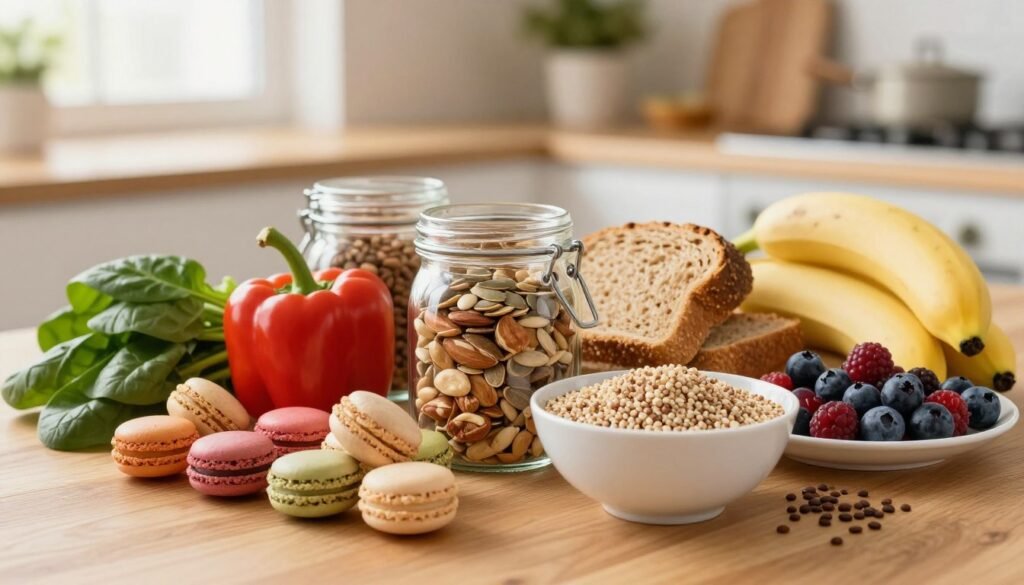 A beautifully arranged display of macronutrients on a wooden table, featuring vibrant, high-quality foods representing carbohydrates, proteins, and fats. In the foreground, a bowl filled with quinoa and lentils symbolizes protein, alongside a selection of colorful vegetables like spinach and bell peppers. In the middle, a glass jar of mixed nuts and seeds signifies healthy fats, while whole grain bread and a plate of fruits like bananas and berries represent carbohydrates. The background fades into a soft-focus kitchen setting with warm, natural lighting streaming through a window, creating an inviting atmosphere. The mood is educational and uplifting, showcasing the essential role of macronutrients in supporting a healthy lifestyle. The composition is shot with a shallow depth of field, emphasizing the vivid colors and textures of the food.